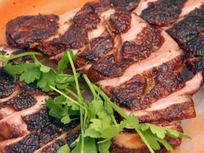 Spice Rubbed Grilled Duck Breast with Grilled Peach and Goat Cheese Salad