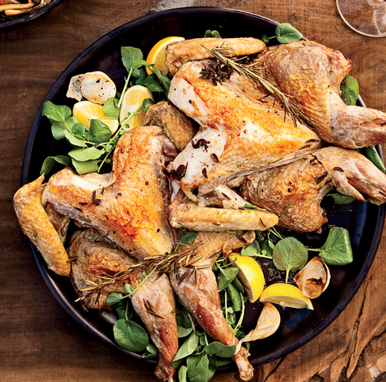 Roasted Guinea Hens with Braised Vegetables